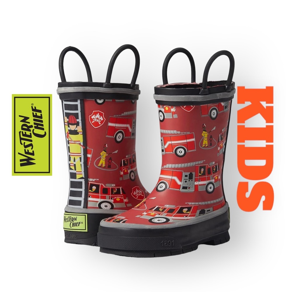 Western Chief Boys Size 10 Waterproof Firetruck Rain Boot Easy Pull On